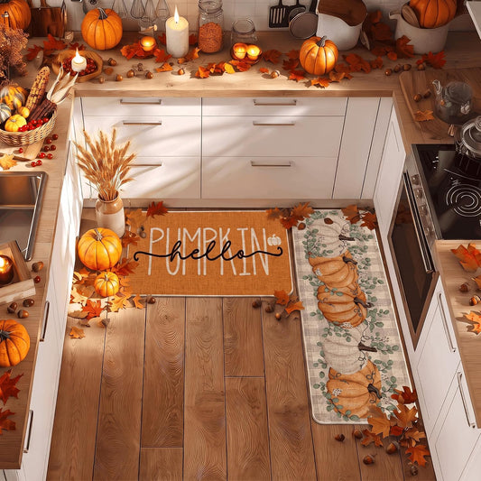 Artoid Mode Orange Hello Pumpkin Fall Kitchen Mats Set of 2-17x29+17x47