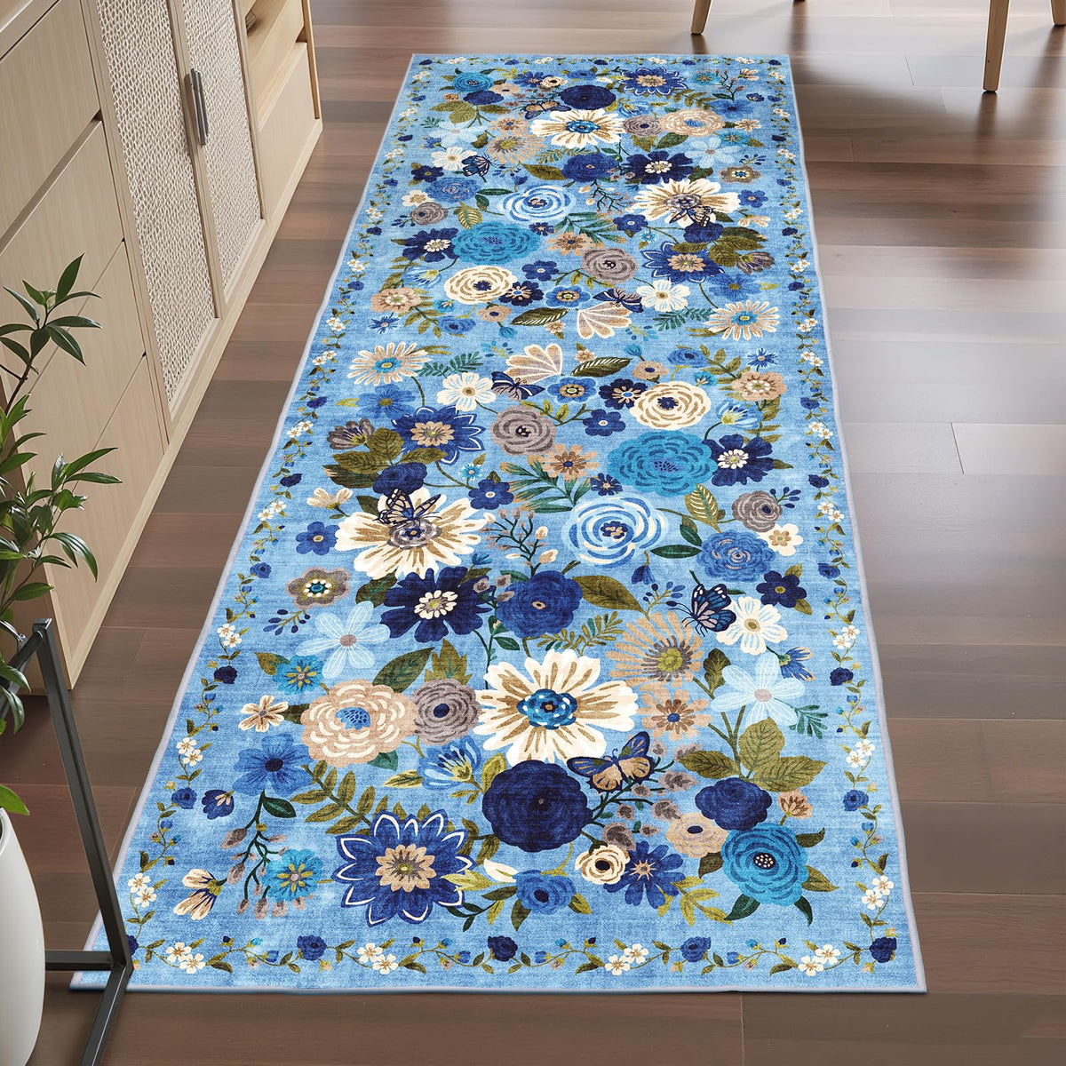 Washable Runner Rug 2x6 Beige Floral, Non Slip for Hallway, Kitchen