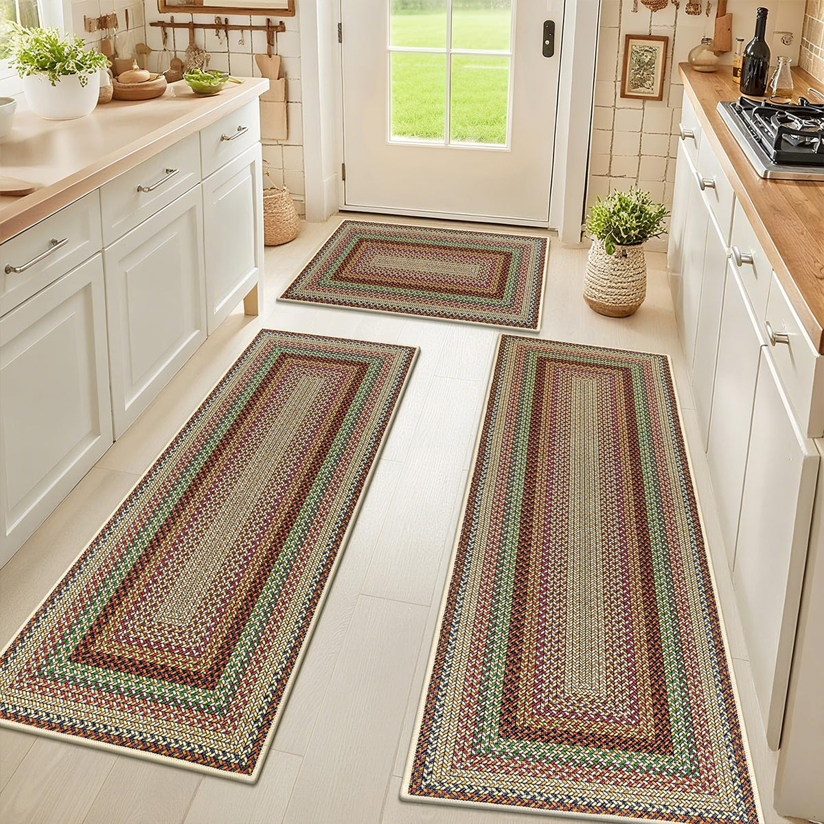HEBE Faux Jute Kitchen Rugs Set of 3, Washable Kitchen Mats for Floor