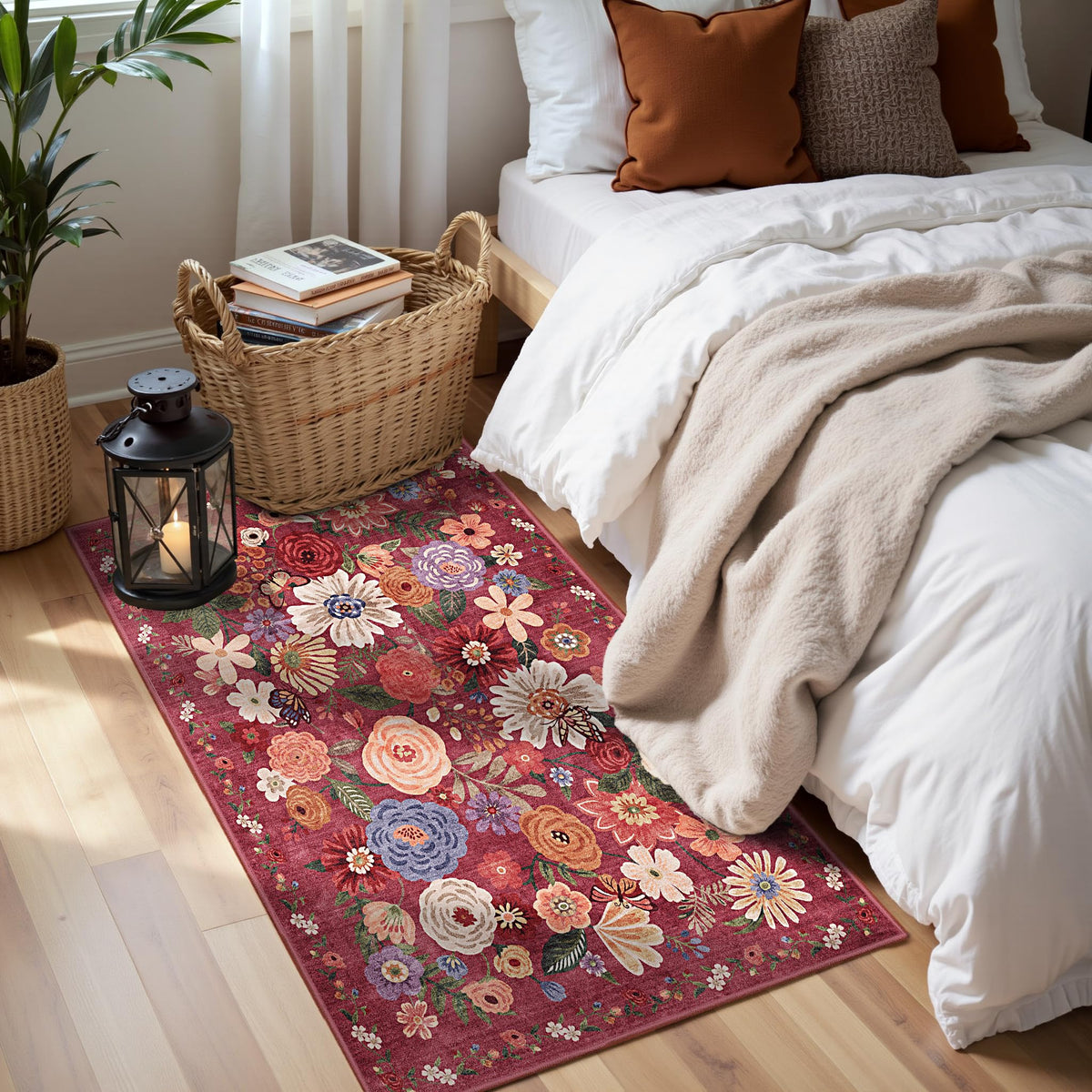 Washable Runner Rug 2x6 Beige Floral, Non Slip for Hallway, Kitchen