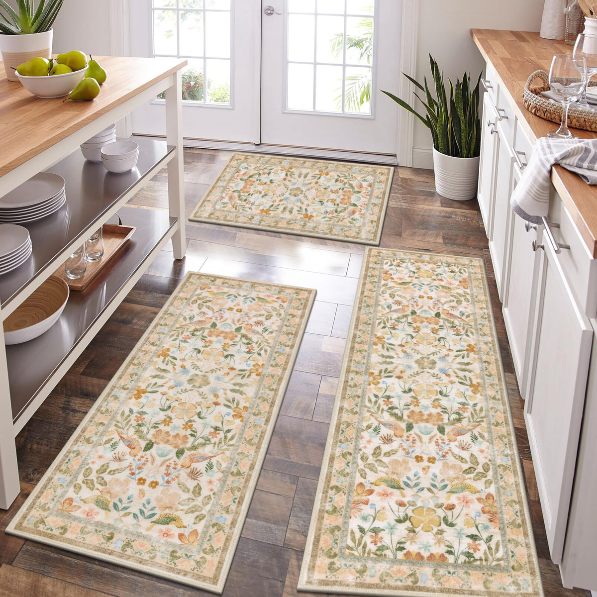 HEBE Boho Kitchen Rugs Set of 3, Non Slip Washable Kitchen Mats for Floor