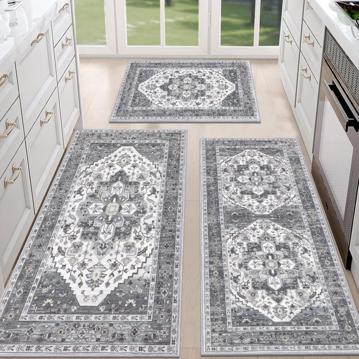 HEBE Boho Kitchen Rugs Set of 3, Non Slip Washable Kitchen Mats for Floor