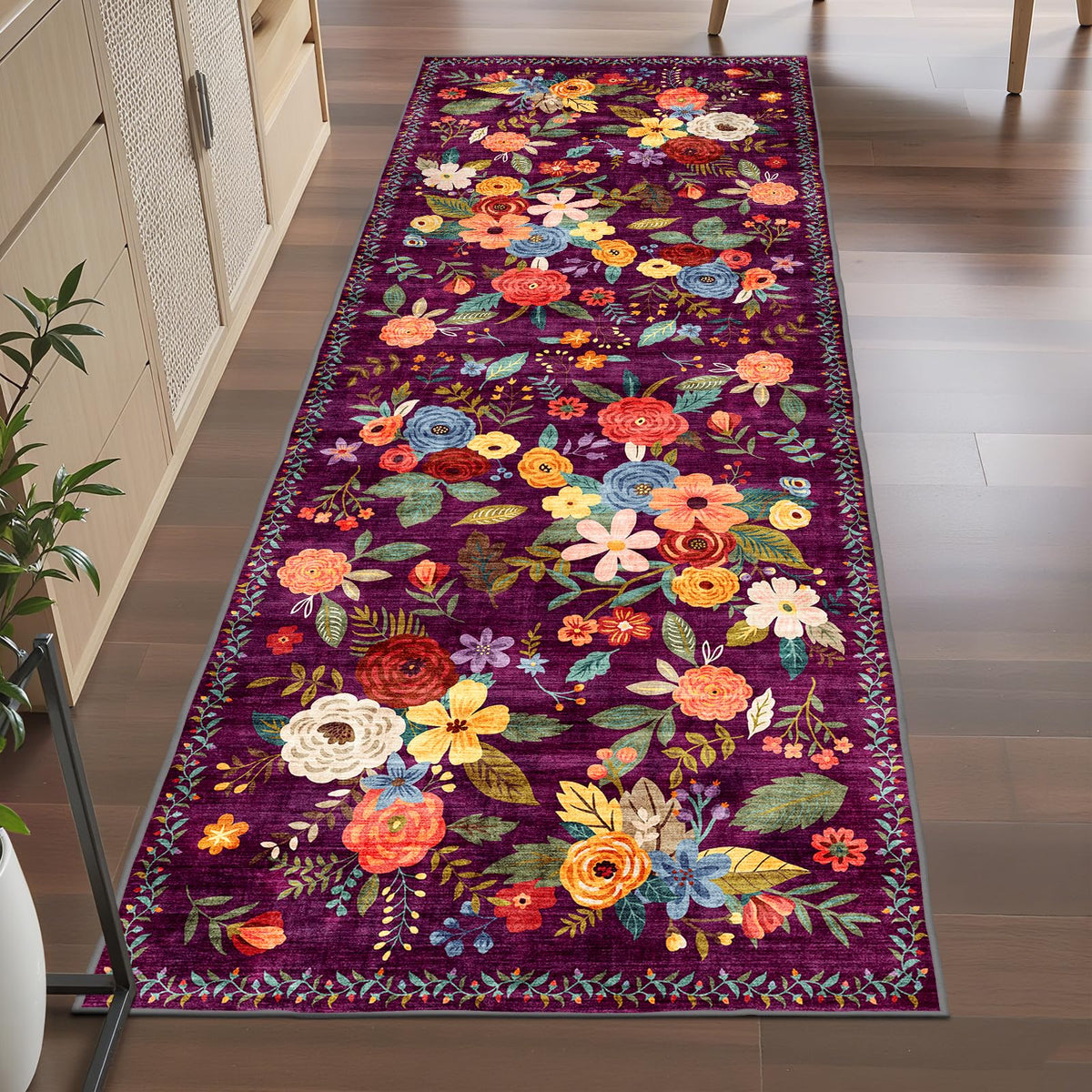 Washable Runner Rug 2x6 Beige Floral, Non Slip for Hallway, Kitchen