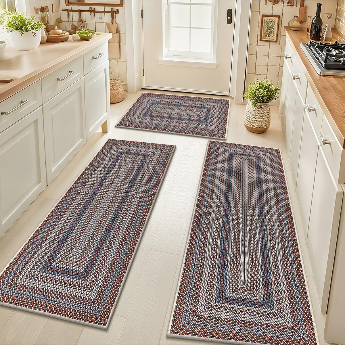 HEBE Faux Jute Kitchen Rugs Set of 3, Washable Kitchen Mats for Floor