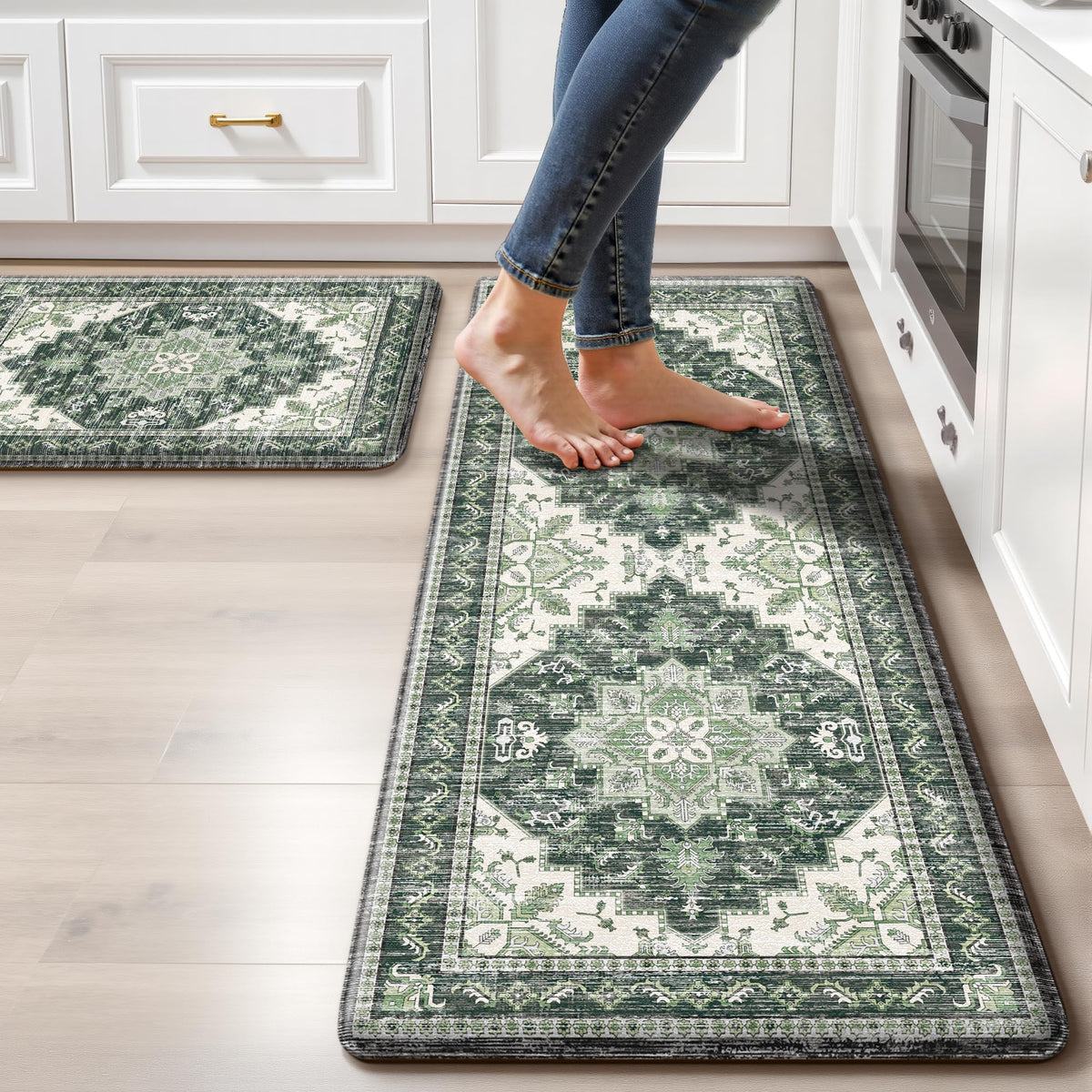 Boho Kitchen Mats for Floor 2PC Anti Fatigue Kitchen Rugs, Beige Tan