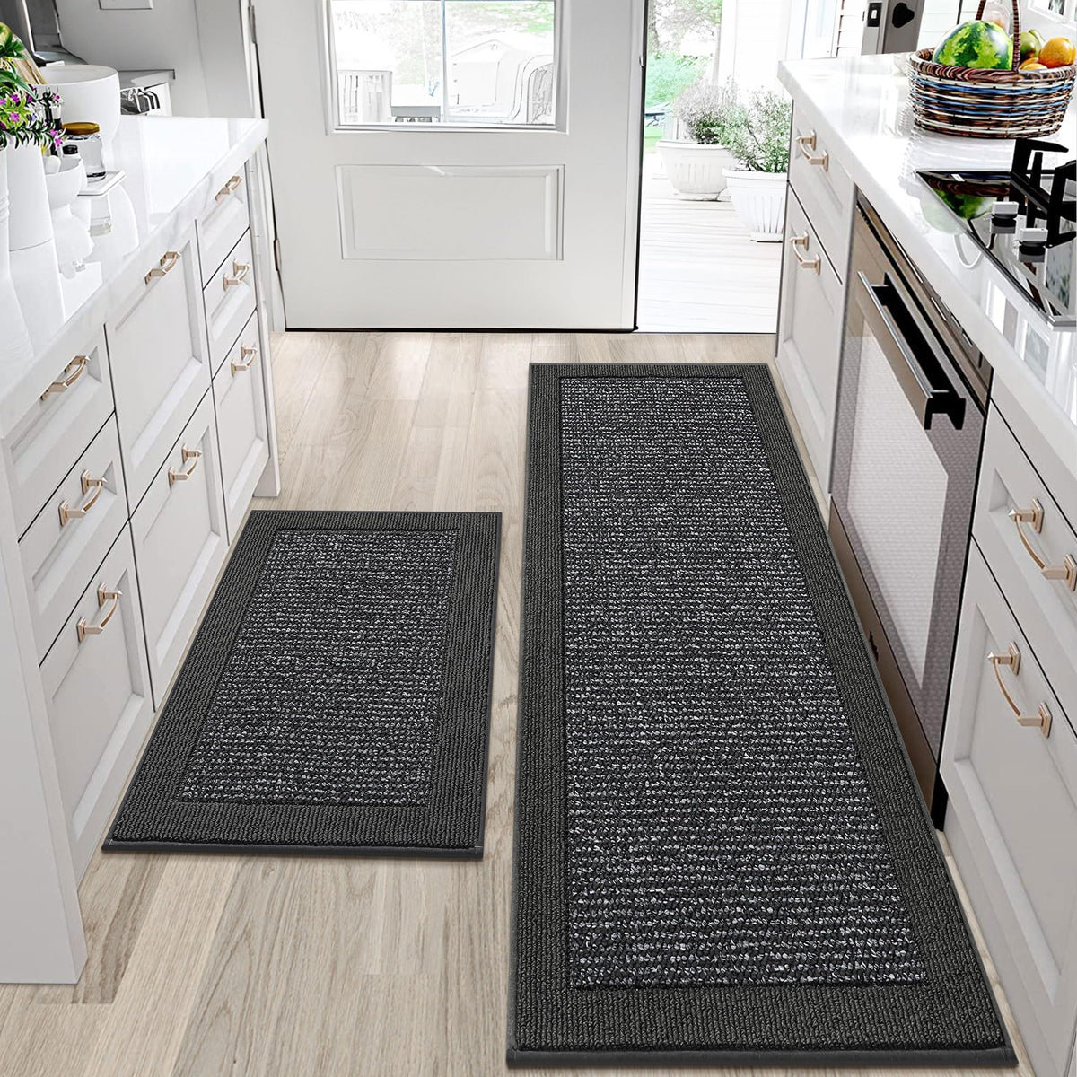 BEQHAUSE Kitchen Rugs Set of 2, Non Slip Washable, 24"x36"+24"x60", Black