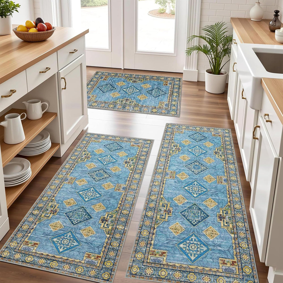 Kitchen Rugs Sets of 3 100% Non Slip Washable Kitchen Mats for Floor, Brown