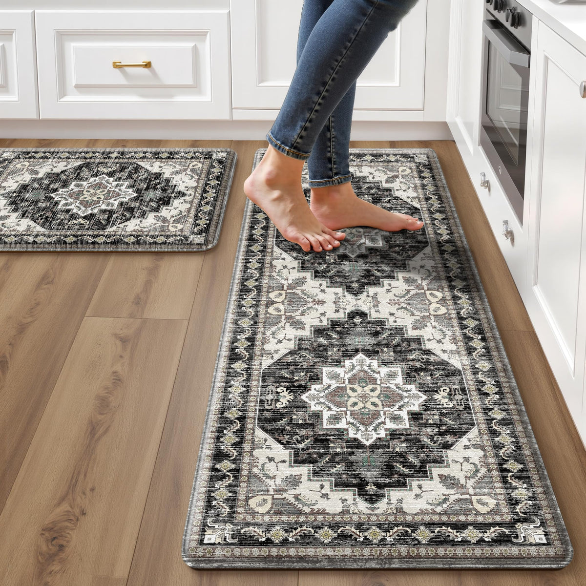 Boho Kitchen Mats for Floor 2PC Anti Fatigue Kitchen Rugs, Beige Tan