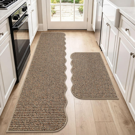 BEQHAUSE Kitchen Rugs Set of 2 Scalloped Edge, 17x30+17x72 in, Taupe