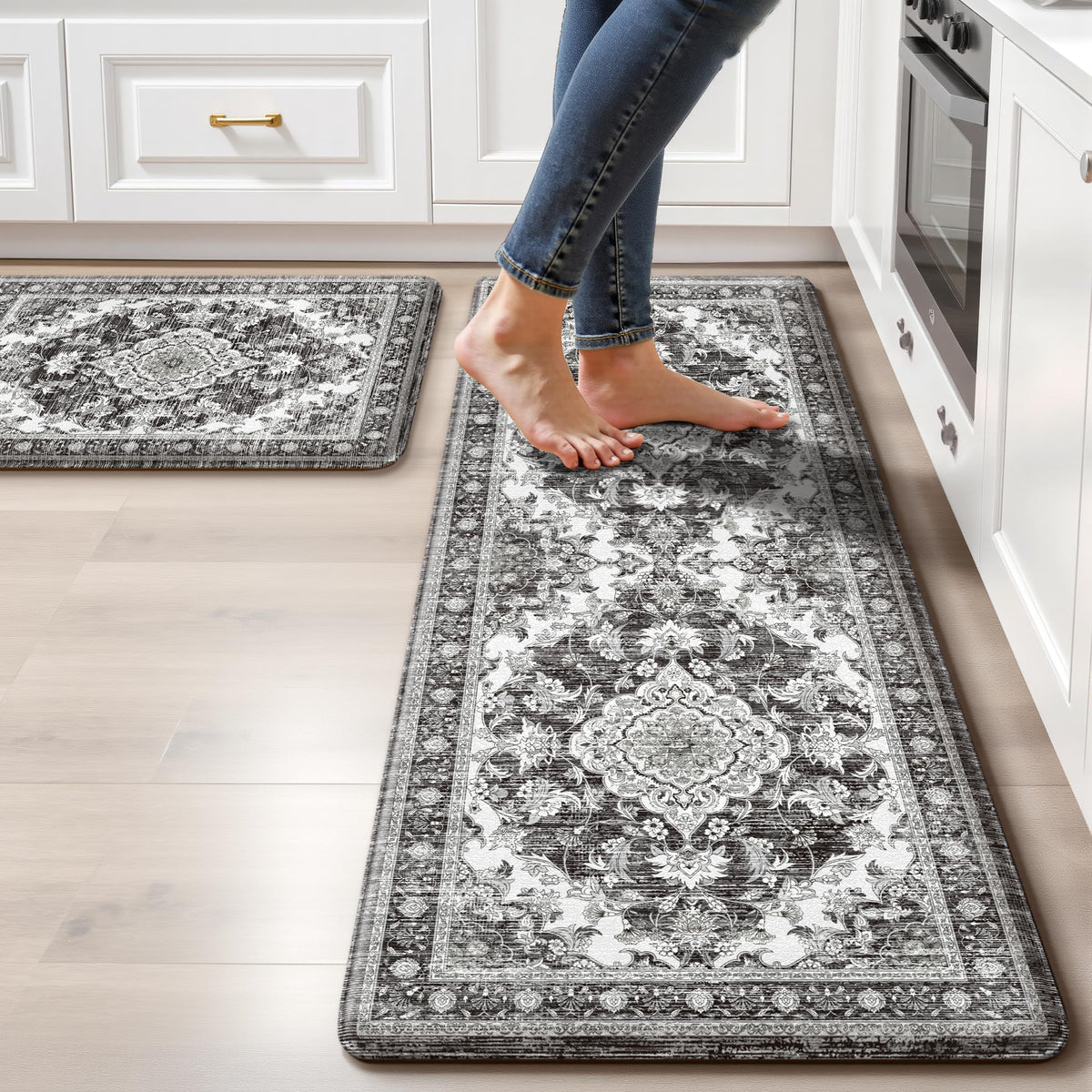 Boho Kitchen Mats for Floor 2PC Anti Fatigue Kitchen Rugs, Beige Tan