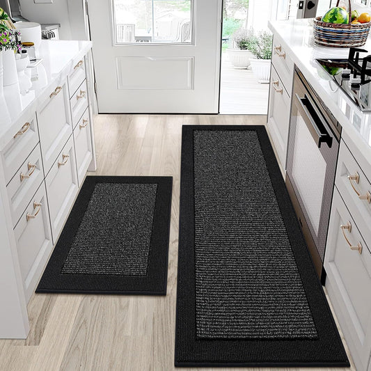 BEQHAUSE Kitchen Rugs Set of 2, Non Slip Washable, 24"x36"+24"x60", Black