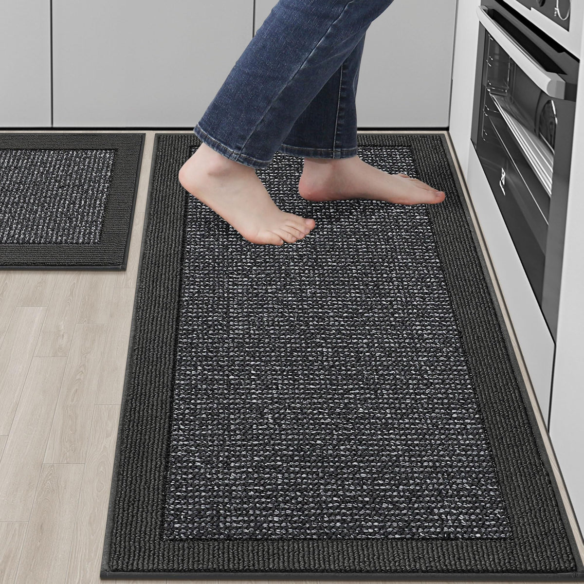 BEQHAUSE Kitchen Rugs Set of 2, Non Slip Washable, 24"x36"+24"x60", Black