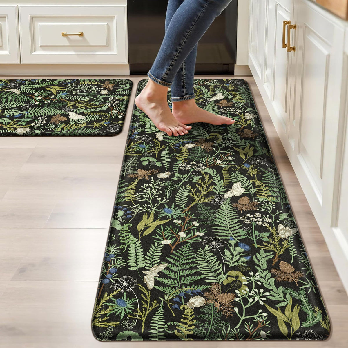 2PCS Botanical Kitchen Rugs Set, Black Green 17.3"x28" + 17.3"x47"